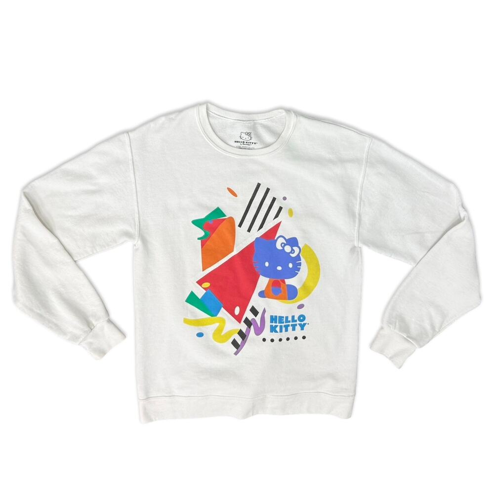 Hello Kitty Sanrio 90s Theme Geometric White Crew Neck Sweatshirt sz S Oversize - Picture 2 of 10